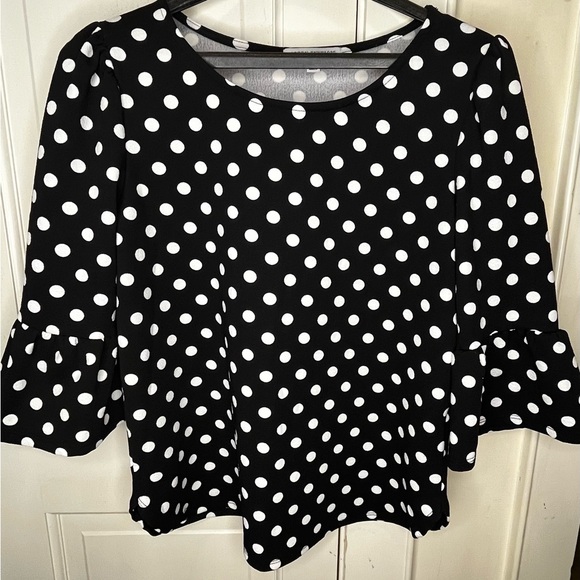 Green Envelope Tops - Green Envelope Black and White Polka Dot Blouse, size Medium.